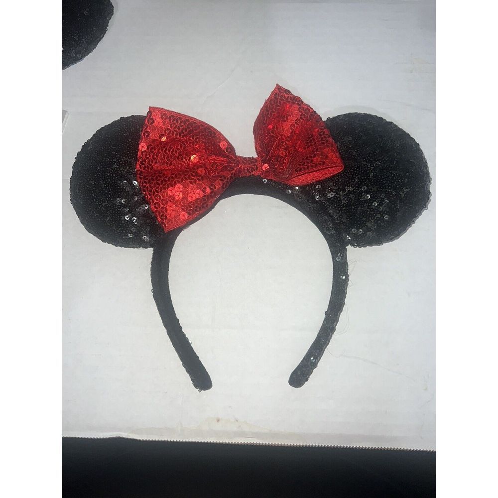 Disney Parks Black & Red Sequin Minnie Mouse Ears‎ Headband Bow Adult OS Mickey